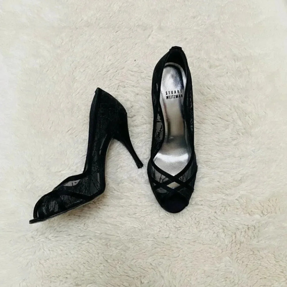 Stuart Weitzman - Shalimar Black Fireworks Mesh Lace Heels - Picture 2 of 8